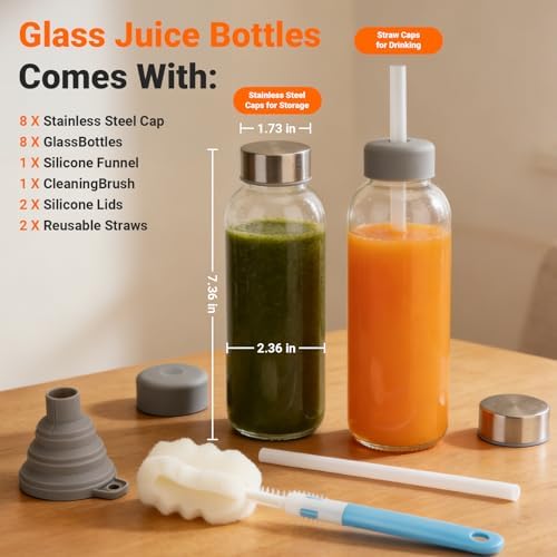 Sursip 16 oz Glass Juice Bottles with Lids, 8 Pack - Image 2
