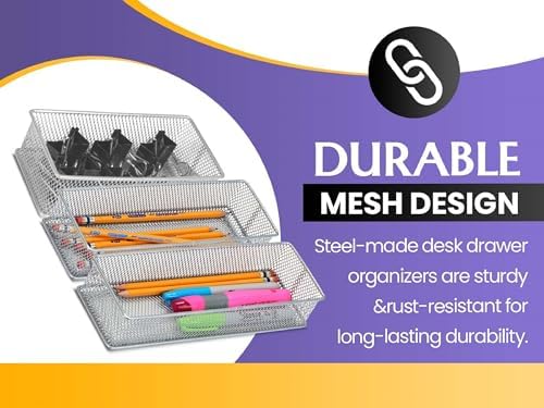 YBM HOME Silver Mesh Drawer Cabinet and or Shelf Organizer Bins, School Supply Holder Office Desktop Organizer Basket (12, 3x6x2 Inch) - Image 3