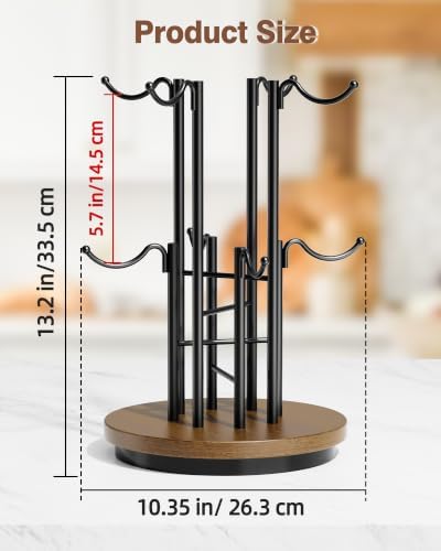 8-Hook 360° Rotating Large Coffee Mug Tree for Counter, Wood Base, Brown - Image 5
