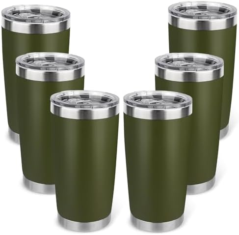 20oz Stainless Steel Tumbler Bulk with Lid, Travel Mug - Double Wall Vacuum Powder Coated Cup - Army Green, 6 Pack by Unknown
