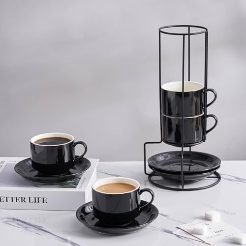 YOLIFE 8 Ounce Porcelain Stackable Cappuccino Cups and Saucers Set of 4 - Image 5