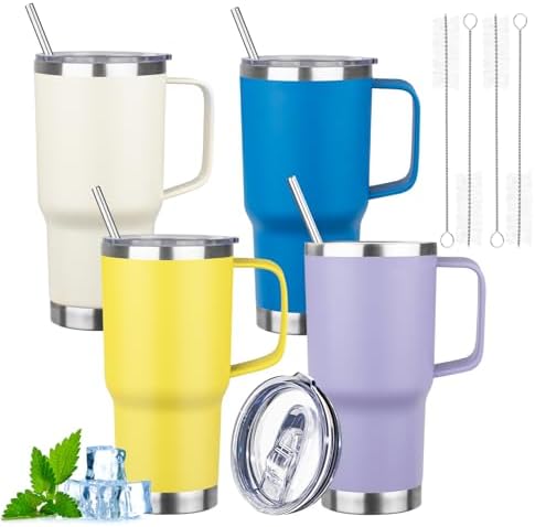 20oz Insulated Tumbler with Handle Stainless Steel Travel Coffee Mug with Lid and Straw Double Wall Vacuum Leak-proof Reusable Thermal Water Cup for Hot and Cold Drinks (Multicolor-6,4 Pack) by FristChoice