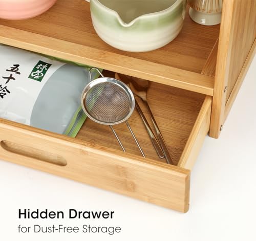 AIEVE Matcha Station Organizer, 2-Tier Bamboo Shelf with Hidden Drawer, Coffee Station Organizer Mug Holder Shelf for Matcha Whisk Set Bowl Cup Scoop Sifter - Image 4