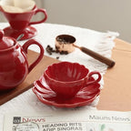Ceramic Flower-shaped Tea Cup and Saucer Set 5oz/150ml Cappuccino Coffee Mug and Saucer, Unique Designer Pottery Gift for Tea Lovers (Red) - Image 4