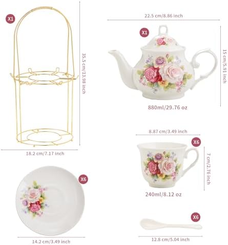 20-Pieces Porcelain Bone china Tea Sets,Gold Rim Coffee Set with Golden Metal Rack,Tea Gift Sets for Home&Party (008) - Image 4