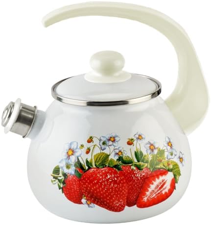 Enamel Kettle with Whistle 2.7 Qt (2.5 L) Stovetop Kettle with Ergonomic Handle, Teapot for Stovetop, Hot Water Kettle, Kettle for Stove Top, Induction and Dishwasher Safe (Strawberry) by STP-Goods