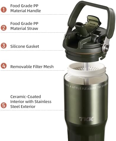 TKK 24 oz Ceramic Coated Tumbler with Straw Lid, 18/10 Stainless Steel Vacuum Tumblers, Leakproof Double Walled Car Cup with Handle & Tea Infuser& Dishwasher Safe, for Hot & Cold Drinks,Alpine Green - Image 3