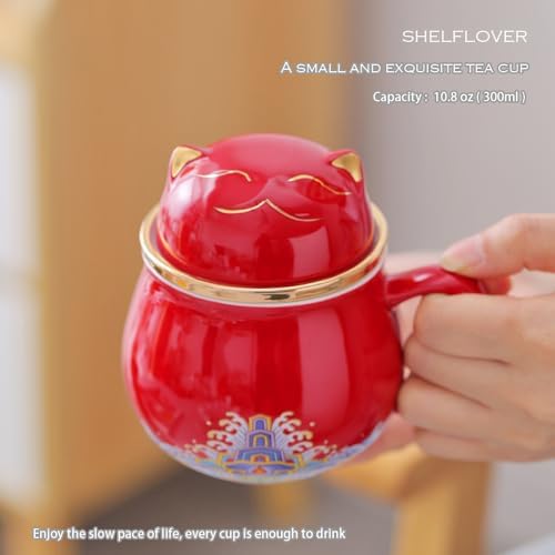 SHELFLOVER Beautiful Tea Mug Portable, White Porcelain Easy to Clean Keep Tea Hot Long, Easy Carried Travel/Office/Home Drink, Cute Cat, Red, 10oz - Image 2