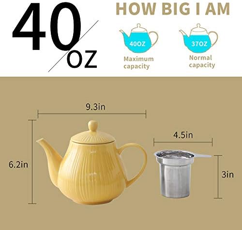 KOOV Ceramic Teapot with Infuser, 40 ounce Tea Pot with Infuser for Loose Tea, Large Enough For 6 Cups, Striped Series (Lemon) - Image 3