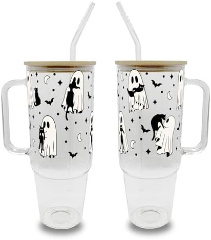 Sip-Sip Hooray! Ghost Holding Cats Halloween 40oz Glass Tumbler with Lid by Sip-SipHooray