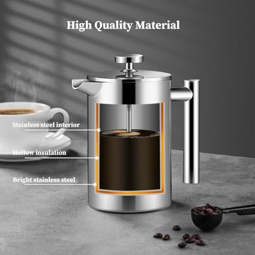 French Press Coffee Maker With 3-Layer Filter System Double Wall Insulated Stainless Steel Multifunction Brewed Coffee Pot With 1 Coffee Spoon And Cleaning Brush(/Silver B,350ml) - Image 4