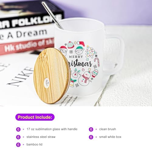 AGH 6 Pack Sublimation Glass Cups with Handle, 16oz Frosted Sublimation Blanks with Bamboo Lid & Stainless Steel Straw, DIY Beer Can Tumbler for Iced Coffee, Juice, Beer, Wedding, Birthday Gifts - Image 4