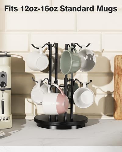 8-Hook 360° Rotating Large Coffee Mug Tree for Counter, Wood Base, Black - Image 6