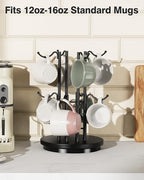 8-Hook 360° Rotating Large Coffee Mug Tree for Counter, Wood Base, Black - Image 6