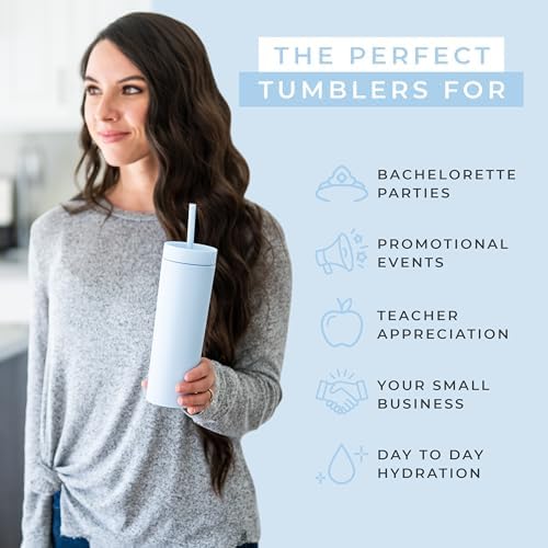 STRATA CUPS Periwinkle Skinny Tumblers with Lids and Straws (12 pack) - 16oz Double Wall Acrylic Tumbler, Tall Matte Skinny Tumblers, Bulk with Free Straw Cleaner, Reusable Cups - Image 5