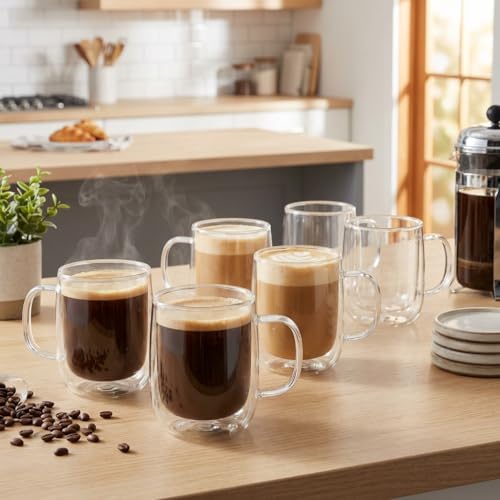 COLLECTIVE HOME 14oz Double Walled Glass Coffee Mugs, Set of 6 - Insulated Clear Glass Cups with Handle, Premium Gift Boxed, Heat Resistant Borosilicate Glassware for Latte, Americano & Tea (6) - Image 3