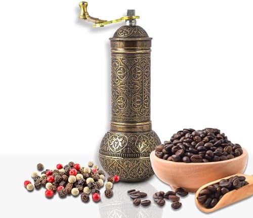 Decorative Handmade Coffee Grinder, Refillable Turkish Spice Mill, Manual Coffee Mill with Handle, Coffee Grinder Metal with Hand Crank 18 cm-7.1 inch (Antique) by Glios