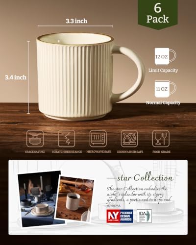 famiware Coffee Mug Set of 6, Star 12 oz Ceramic Mugs Cups Set with Handle - Image 4