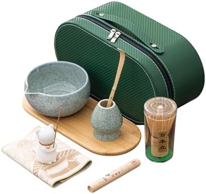 Matcha Whisk Set, Zen Travel Tea Ceremony Kit with Cat Figurine, Bamboo Whisk, Bowl, Incense & Portable Bag - 9-Piece Portable Matcha Set for Mindful Gifting & On-The-Go Rituals (H) by Unknown