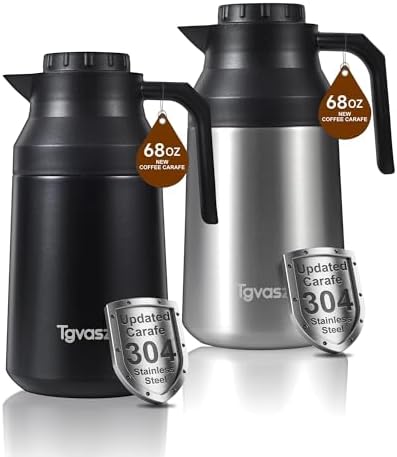 2 PCS Thermal Coffee Carafe Insulated Stainless Steel Coffee Carafe for Hot Liquid Vacuum Thermal Pot Creamer Pitcher Dispenser with Brushes Keeping Hot Water Milk(Black/Silver 68 oz) by Tgvasz