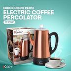 Euro Cuisine PER12 Stainless Steel Electric Coffee Percolator, 12 Cup, Polished Copper Finish, Dripless Gooseneck Spout, Clear Glass Knob, Brewing Indication, Keep-Warm Function, Detachable Cord - Image 2