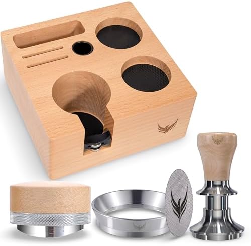58mm Espresso Bar Accessories Kit – Maple Handle Calibrated Tamper, Espresso Leveler, Beech Wood Tamping Station, and Dosing Funnel with Puck Screen by KNODOS