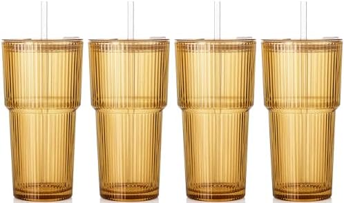 Amber Drinking Glasses，4PCS Amber Ribbed Glass Cups with Lids and Straws, 20oz Vintage Drinking Glasses, Aesthetic Iced Coffee Cups, Brown Yellow Glass Cup by SIPBYSOP