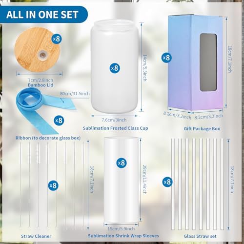 16oz Frosted Sublimation Glass Tumbler with Bamboo Lid, 8-Pack Set - Image 7