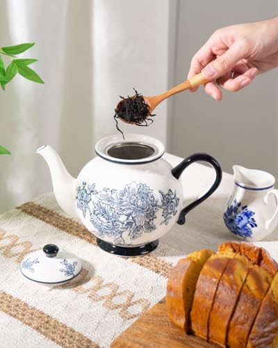 45 Ounce Tea Pot with Infuser, Ceramic Blue and White Teapot - Image 4