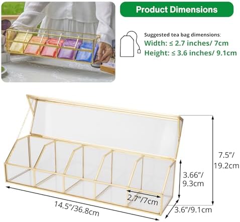 NCYP Glass Tea Bags Organizer with 5 Grids Compartments, Indoor Counter Top Brass Display Case with Lid, Storage Box, Gold, Decor, Teabag Storage, 14.5 x 3.6 x 3.66 Inches (Glass Box Only) - Image 4