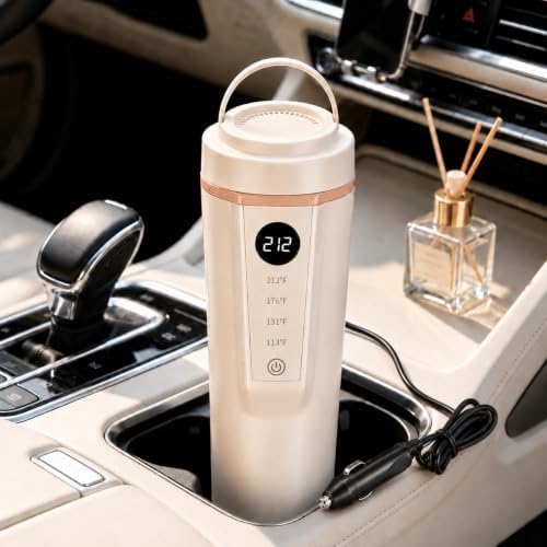 Car Electric Kettle 12V/24V Dual Voltage, Portable Travel Electric Kettle for Road Trips, Mini Small Water Boiler with 4 Temp Control, 316 Stainless Steel,16oz(Beige) by JEKABA