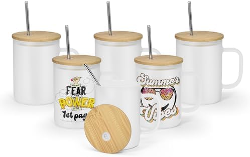 AGH 6 Pack Sublimation Glass Cups with Handle, 16oz Frosted Sublimation Blanks with Bamboo Lid & Stainless Steel Straw, DIY Beer Can Tumbler for Iced Coffee, Juice, Beer, Wedding, Birthday Gifts by AGoodHopeforYou