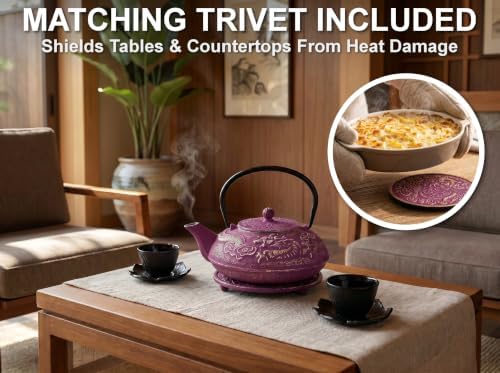 40 Oz Purple Dragon Cast Iron Teapot, Enamel Interior, Infuser & Trivet - Image 4