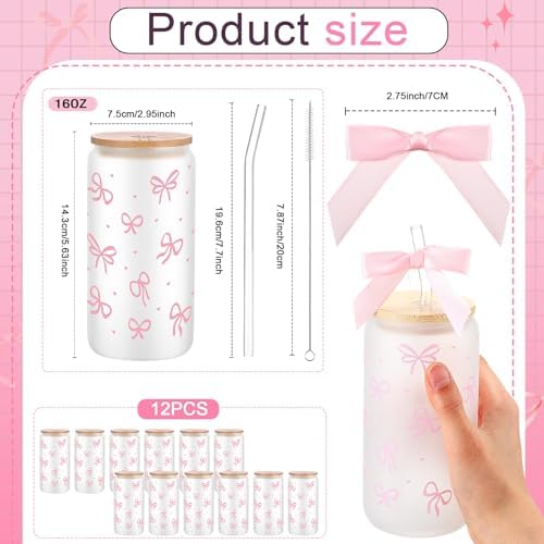 12 Sets 16oz Bow Glass Cups with Bamboo Lids Straws Tumbler,Pink - Image 2