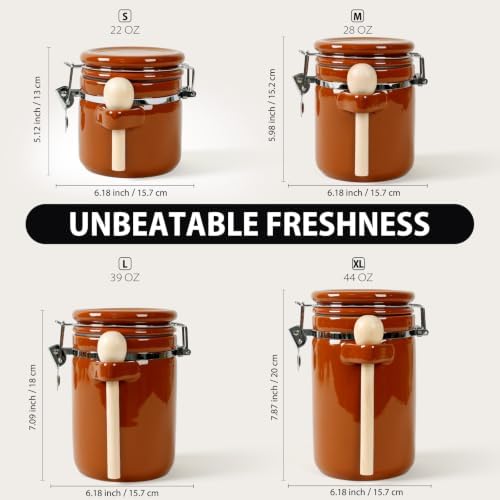 4 Piece Airtight Ceramic Canister Set With Attached Wooden Spoon Reusable Chalk Labels For Dry Goods Sugar Coffee Tea Kitchen Storage Use (Brown) - Image 3