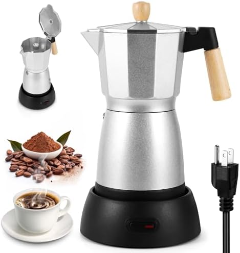 Moka Pot Electric Espresso Coffe Maker, 300ml 6 Cups Portable Coffee Pot with Overheat Protection and Detachable Base, Electric Espresso Maker, 450W, Silver by ForBetterLife