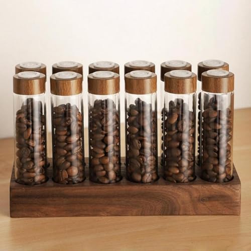 Coffee Storage Jar Glass Bean Tube Airtight Canister Wooden Rack Display Stand Vial Funnel Sealed Organizer Suitable for Kitchen Buffet Restaur, 12 Hole 22g - Image 4