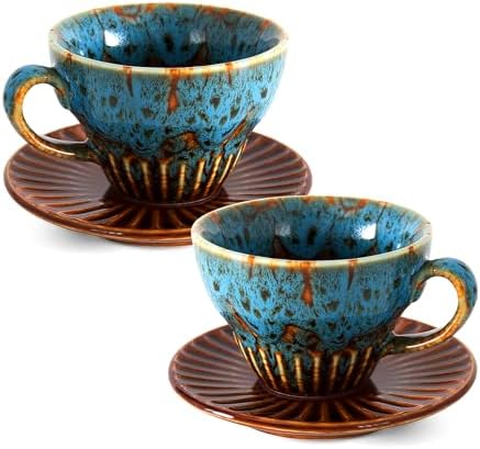 2 oz Espresso Cups Set of 2, Ceramic Cappuccino Cups with Saucers, Durable Porcelain Tea Set & Modern Coffee Cup Collection, Coffee Lover Gifts - Image 2