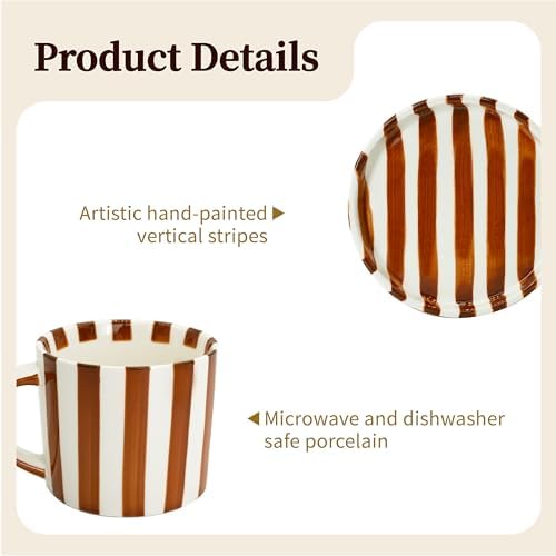 2-Pack Ceramic Coffee Mug and Saucer Set, 8 oz Hand-Painted Green Stripe Porcelain Espresso Cups for Latte, Tea, Cappuccino (Brown) - Image 4