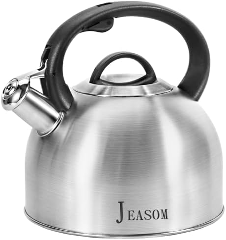 Tea Kettle Stovetop - Food Grade Stainless Steel Whistling Tea Pot with Ergonomic Handle, Unique Button Control Kettle Outlet, Can Be Used in the Kitchen or Camping, 3.1 Q/3L by JEASOM