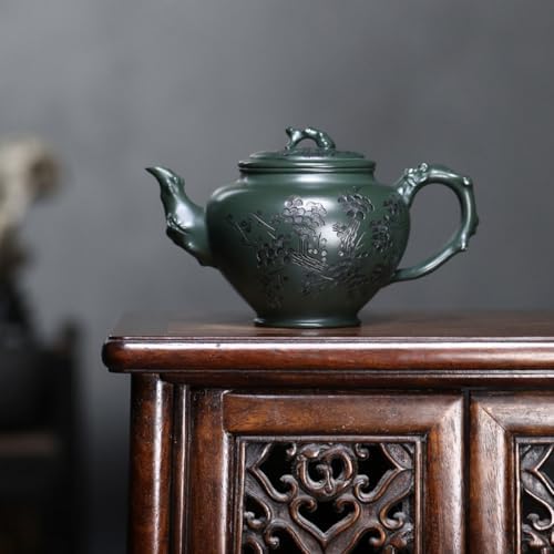 Tea Pots For Loose Tea Creative Hand-made Green Clay Carved Plum Primrose Teapot Home Desktop Tea Maker Tea Infuser Pot - Image 3