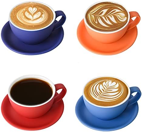 Yundu Ceramics Latte Cup and Saucer - 10 oz for Cappuccino,Tea,Cafe Mocha, Set of 4,Matte Mixed Color by YunduHome