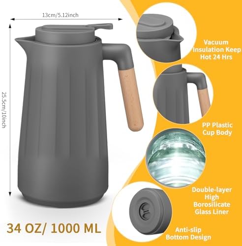 Ziliny 2 Pcs 34 oz Thermal Coffee Carafe for Keeping Hot/Cold Double Wall Vacuum Carafe with Insulated Glass Liner and Wood Handle Coffee Pot Container for Drinks Milk Tea Chocolates(Gray) - Image 2