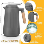 Ziliny 2 Pcs 34 oz Thermal Coffee Carafe for Keeping Hot/Cold Double Wall Vacuum Carafe with Insulated Glass Liner and Wood Handle Coffee Pot Container for Drinks Milk Tea Chocolates(Gray) - Image 2