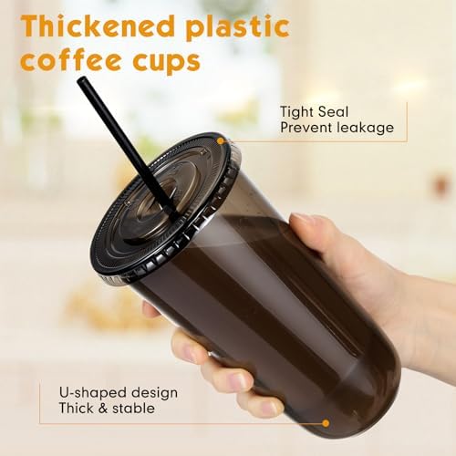 Ziliny 50 Sets 20oz Black Plastic Cups with Lids and Straws Disposable Cups - Image 4