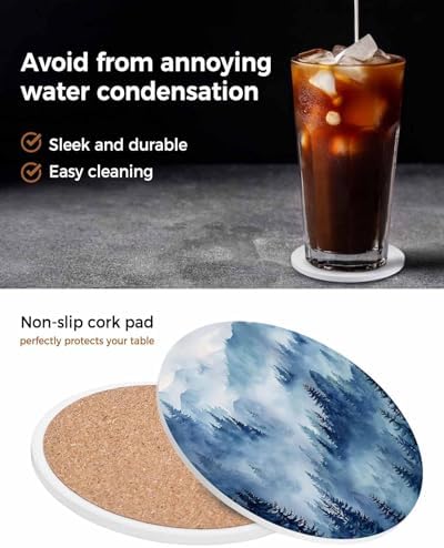 Coaster for Drinks 4 Pack,Forest Tree Mountain Absorbent Round Ceramic Stone with Cork Base,Watercolor Blue Natural Scenery Drink Coaster Cup Mats for Home Dining Coffee Tables - Image 6