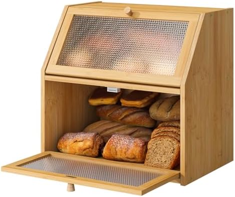 STDDRE Bread Box for Kitchen Countertop Bin Double Layer Bread Box Storage Container Extra Large Capacity with Diamond Pattern Windows (Natural, Extra Large) by LifeTakesaDifferentTurn