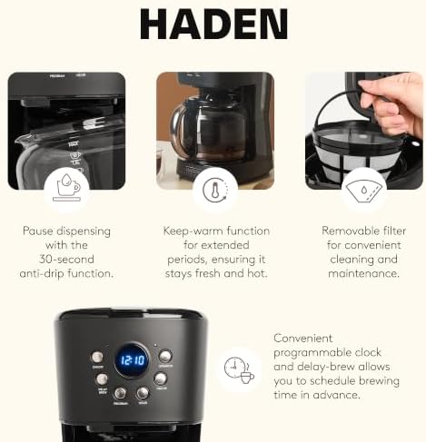 HADEN 12 Cup Drip Coffee Maker, Programmable Coffee Machine, Black/Pewter - Image 3