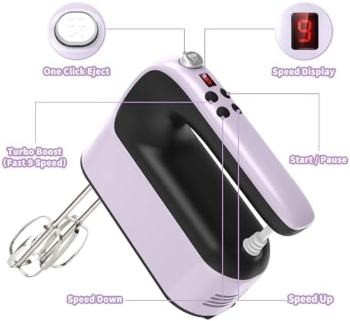 Yomelo 9-Speed Digital Hand Mixer Electric, 400W Powerful DC Motor, Hand Mixer Electric Handheld with Snap-On Storage Case, 5 Stainless Steel Accessories, Beaters, Dough Hooks, Whisk(Purple/Black) - Image 2
