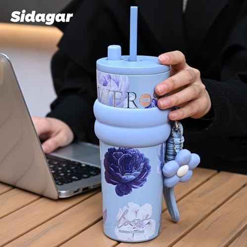 24 oz Ceramic Lined Insulated Stainless Steel Tumbler, Floral Blue - Image 4